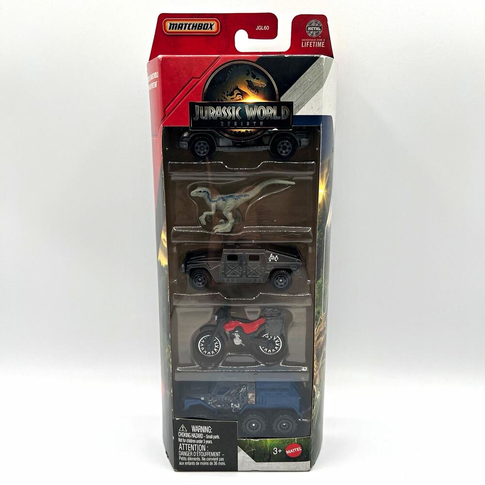 Matchbox Jurassic World Rebirth 5-Pack Diecast Cars Velociraptor JGL60 NIB New